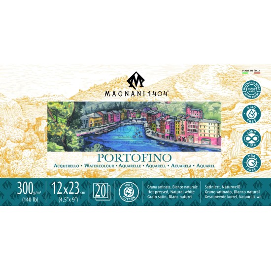 BLOC MAGNANI PORTOFINO DE 20 PAPIERS AQUARELLE 300G 12X23 CM