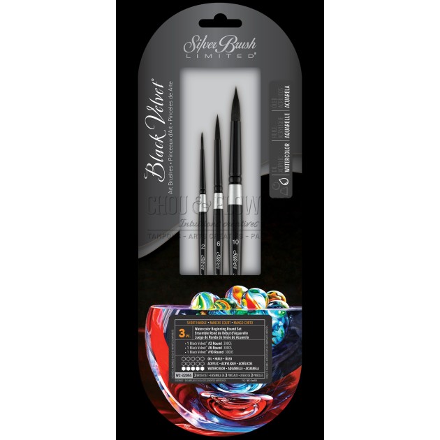 SET POUR DEBUTER A L'AQUARELLE DE 3 PINCEAUX  BLACK VELVET DE SILVER BRUSH